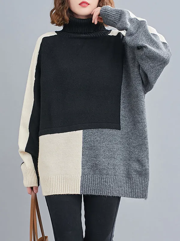 xakxx Stylish Split-Joint High-Neck Knitting Sweater