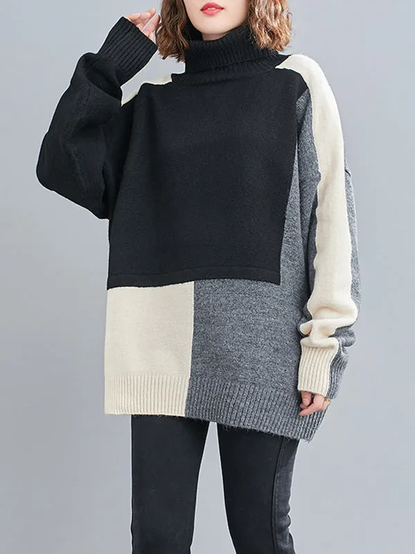 xakxx Stylish Split-Joint High-Neck Knitting Sweater